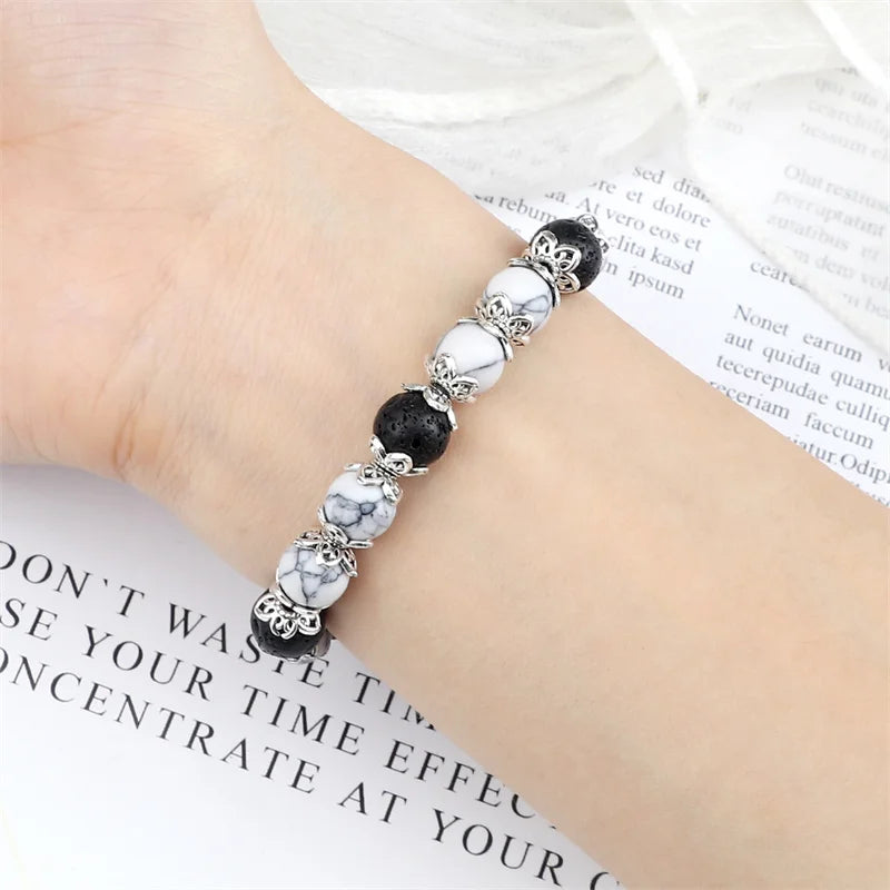 luckacco 8mm white howlite stone women bracelet metal spacer charm natural agates pink rose quartz beads bracelets for men jewelry gifts