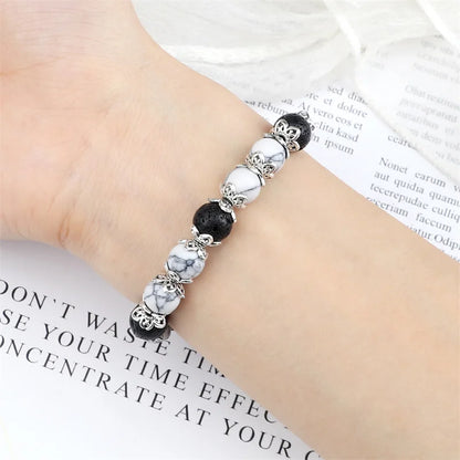 Luckacco 8mm White Howlite Stone Women Bracelet Metal Spacer Charm Natural Agates Pink Rose Quartz Beads Bracelets for Men Jewelry Gifts