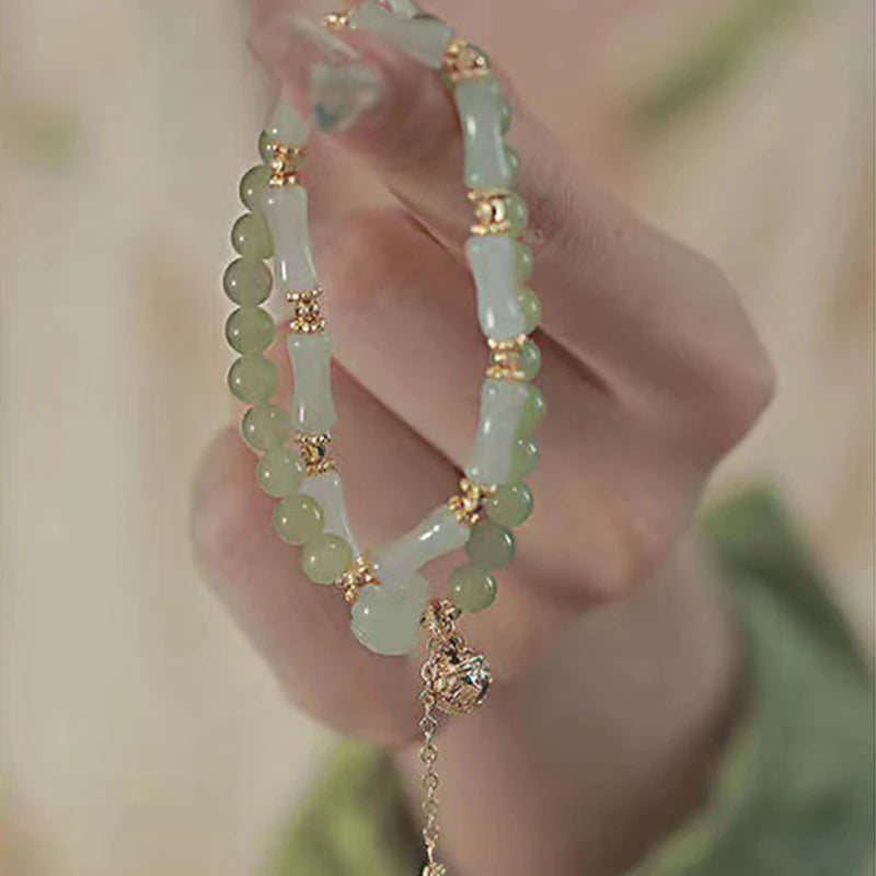 luckacco hetian jade bamboo knot bracelet - neo-chinese vintage style premium gold silk jade pumpkin bead handchain