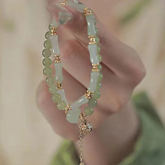Luckacco Hetian Jade Bamboo Knot Bracelet - Neo-Chinese Vintage Style Premium Gold Silk Jade Pumpkin Bead Handchain