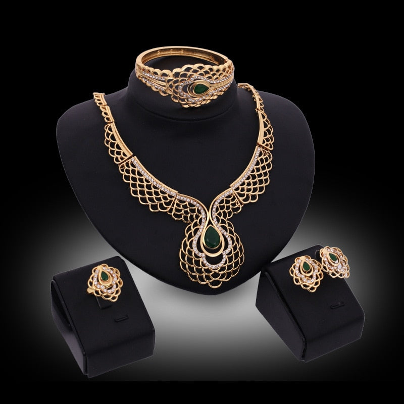 Women's Jewelry Sets Wedding Diamond Necklace Earrings Ring Bracelet Four Piece Rhinestone Party Wear Elegant Accessories - luckacco