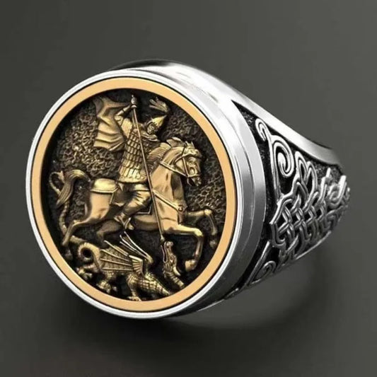 Luckacco Vintage St George and The Dragon Rings for Men Stainless Steel Jewelry Soldier's Protector Courage Luck Ring on The Battlefield