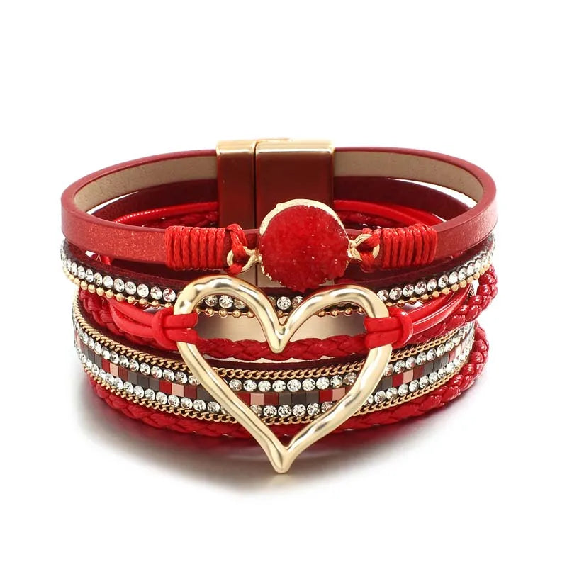 luckacco amorcome fashion braided leather wrap bracelets bangles multilayer resin stone hollow heart charm bracelets women gift pulseira