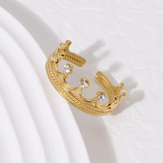 Luckacco Luxury Trendy Gold Color Stainless Steel Zircon Crown Couple Rings for Women Men Charm Party Finger Jewelry Colorfast Gift
