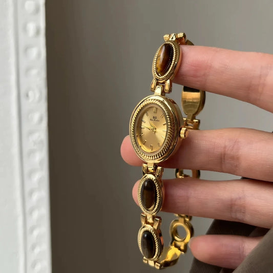 Luckacco Fashion Luxury Women's Watches Natural Gemstone Oval Dial Quartz Wristwatch Unique High-end Temperament Ladies' Watch Bracelet