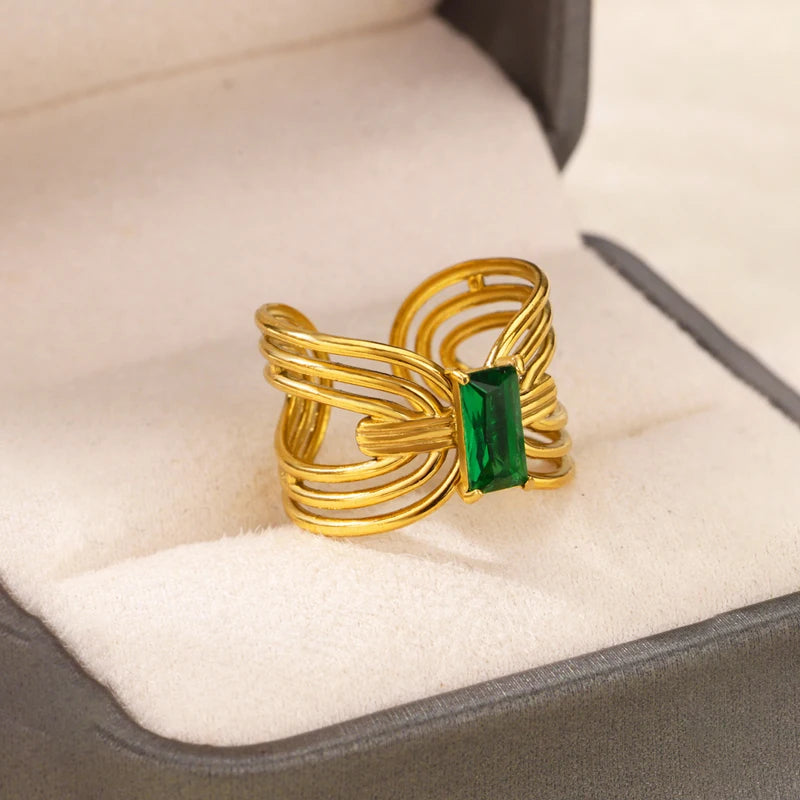 luckacco luxury gemstone flower stainless steel rings zircon adjustable ring women wedding anti fading jewelry vacation accessories gift