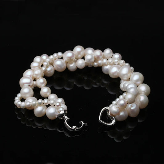 Luckacco Mutilayer Natural Freshwater Pearl Bracelet Ladies Woman,925 Silver Real White Pearl Jewelry Bracelet Wife Mother Party Gifts