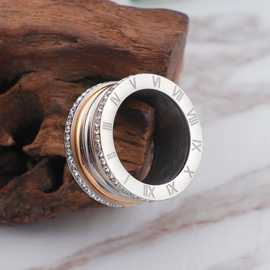 Luckacco Elegant Stainless Steel Large Rings for Women Roman Alphabet Shiny Zircon Ring Chunky Anillos Mujer Party Wedding Jewelry Luxury