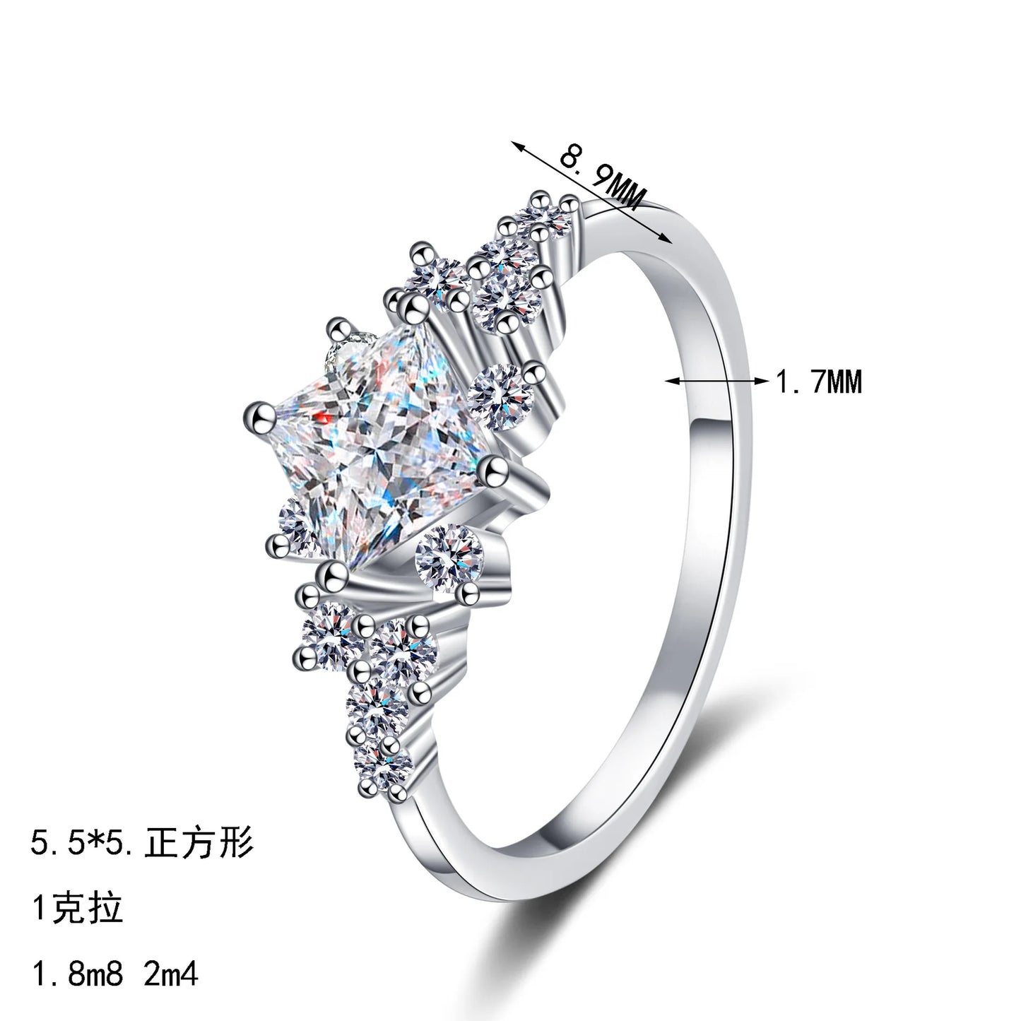 luckacco luxury 18k white gold wedding ring 1ct d color real moissanite square geometric design ring exquisite women's jewelry