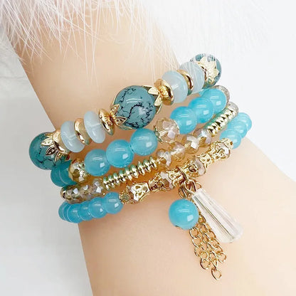 Luckacco 4 pieces/set Bohemian crystal tassel multi-layer elastic rope bracelet, handmade beaded bracelet, women's fashion accessories