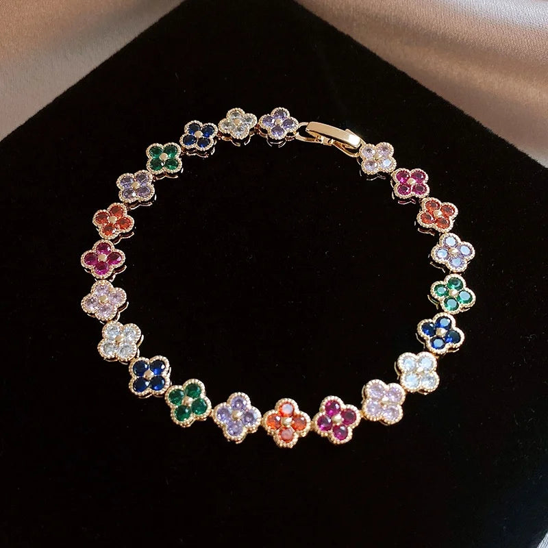 luckacco classic fashion colored crystal flower lucky bracelet women personalized new stainless steel bracelet party jewelry accessories