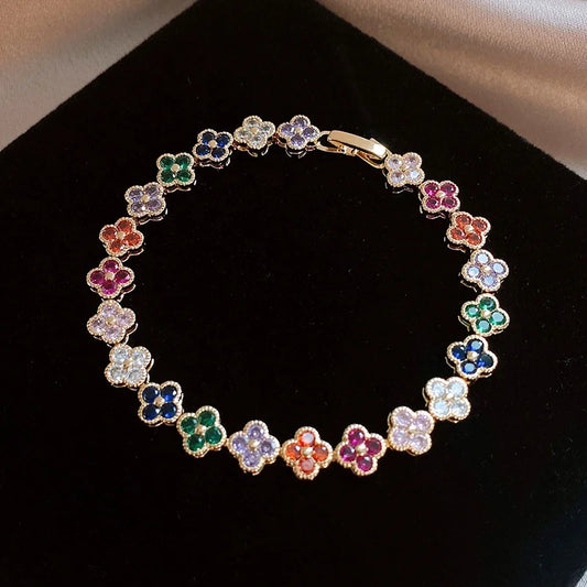 Luckacco Classic Fashion Colored Crystal Flower Lucky Bracelet Women Personalized New Stainless Steel Bracelet Party Jewelry Accessories