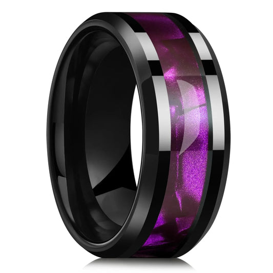 Luckacco Fashion 8mm Men Stainless Steel Rings Inlay Meteorite Abalone Shell Rings For Men Women Wedding Engagement Band Jewelry Gift