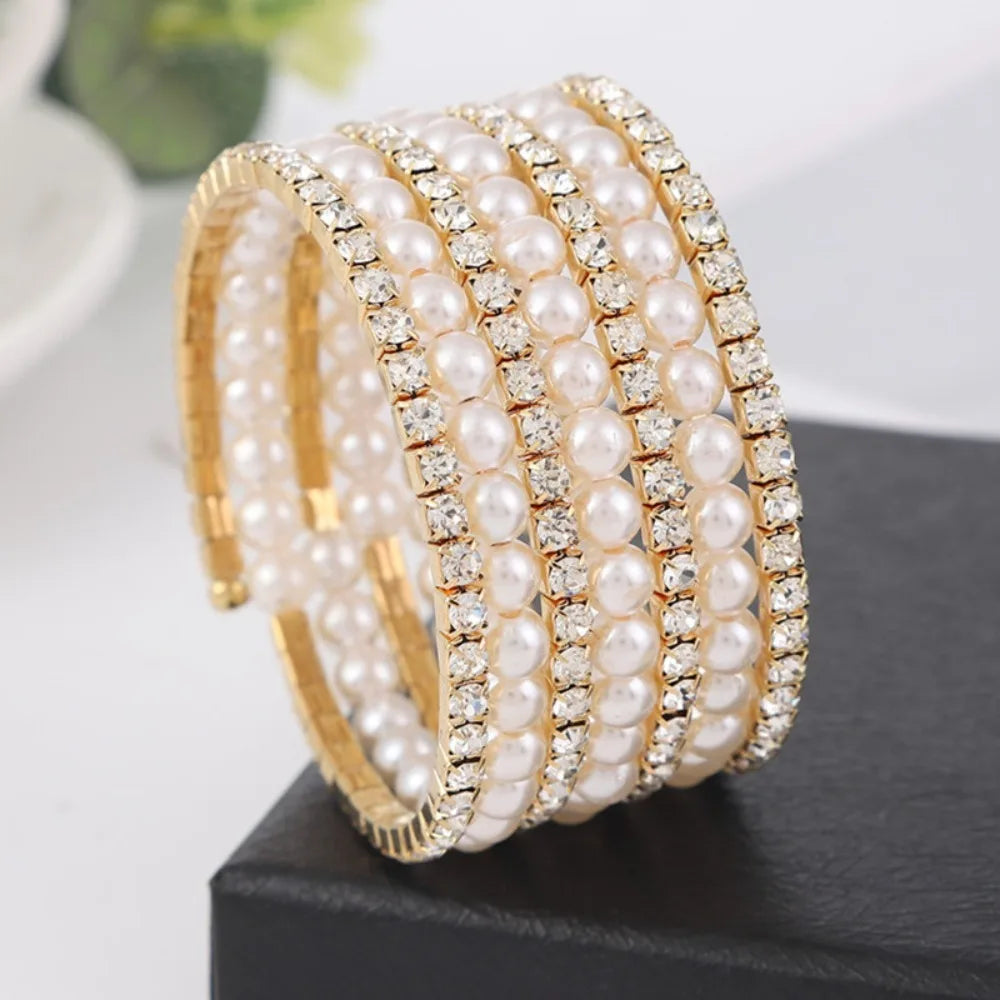 luckacco fahsion crystal imitation pearl bracelets for women multi layer wide bracelets crystal rhinestones bracelet wedding jewelry gift