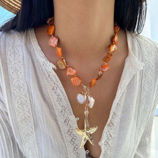 Luckacco Boho Shell Starfish Gold Color Pendant Necklace Women's 2024 Vintage  Pearl Imitation Sweet Girl Fashion Charm Beach Jewelry