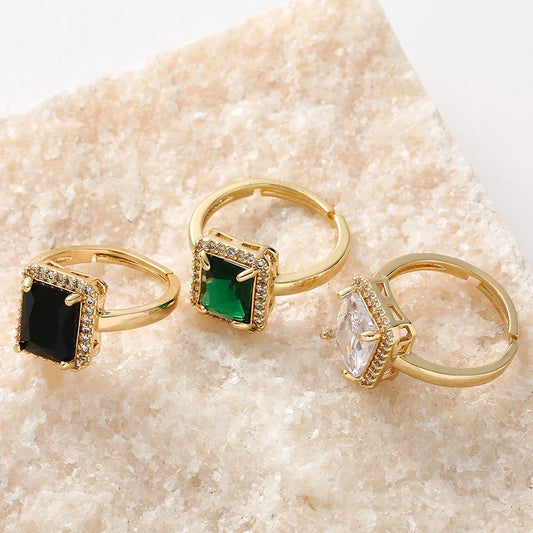 Luckacco New Arrivals Women's Rings Zircon Square Green Black Open Rings Girls Party Finger Ring Fashion Copper Jewelry Gifts