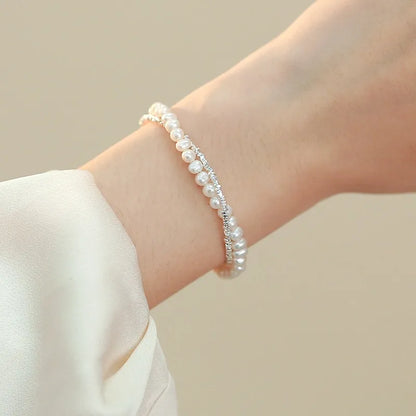 Luckacco Fashion 925 Sterling Silver Pearl Bracelets for Women Girls Luxury Double Layer Pearl Silver Chain Bracelets Party Jewelry Gifts