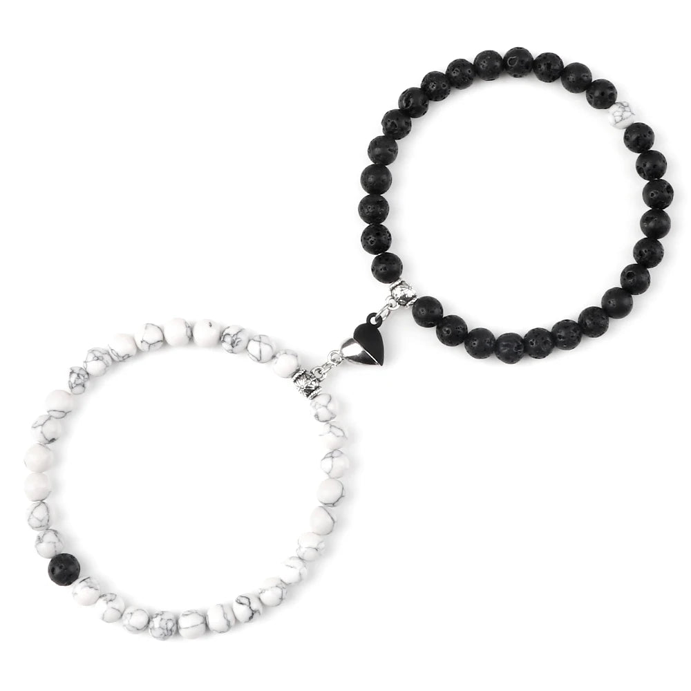 luckacco 2pcs/set sliver black color magnet pendant bracelets 6mm 8mm white porcelain black line beads couple bracelet jewelry gift new