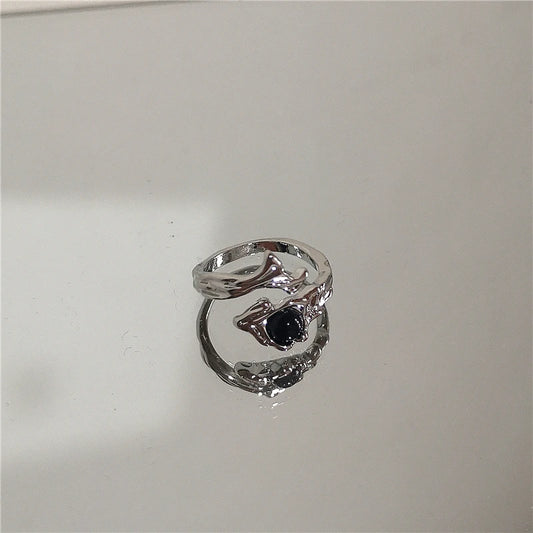 Luckacco Punk Harajuku Goth Thorns Black Silver Color Irregular Heart Cross Open Ring For Women Men Lover Vintage 90s Y2K Grunge Jewely
