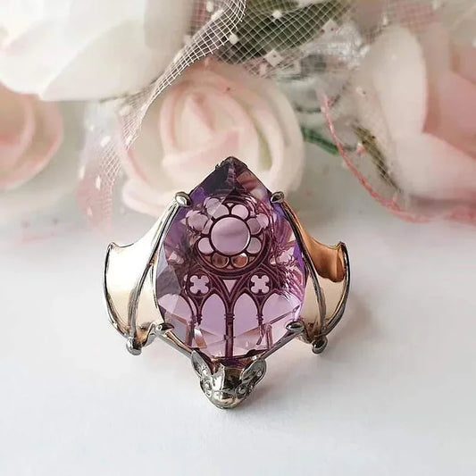 Luckacco New Arrivals Vintage Bat Finger Rings Y2k Inlaid Purple Water Drop Shape Stone Ring for Women Fashion Party Jewelry Gifts