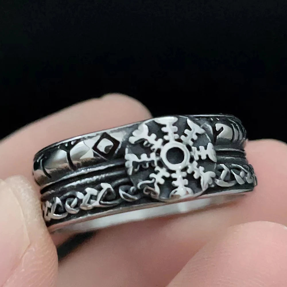 luckacco vintage nordic viking ring stainless steel men ethnic belief odin compass valknut tree of life ring amulet jewelry