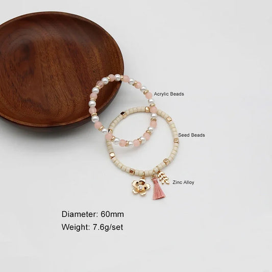 Luckacco Beaded Cute Bracelets Set For Women Pink Cream Tassel Leaf Flower Sweet Romantic Stretch Trendy Fashion Jewelry Gifts 2021113