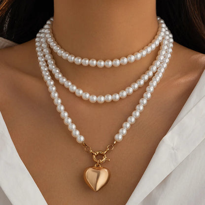 Luckacco Boho Heart shaped Pendant Necklace 2025 Women's Simple Sweet Long Imitation Pearl Beads Girl Wedding Fashion Jewelry