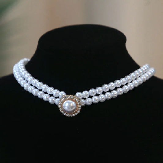 Luckacco Women Elegant Pearl Double Layers Necklace Earrings Exquisite Vintage Classic Chains For Lady Party Wedding Retro Jewelry Choker