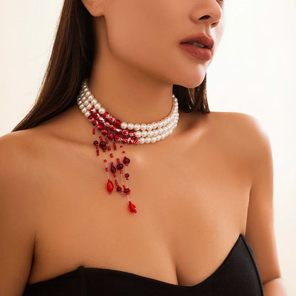 Luckacco Multilayer Vintage Red Blood Pattern Imitation Pearl Tassel Pendant Necklace for Women Goth Crystal Bead Chain Halloween Jewelry