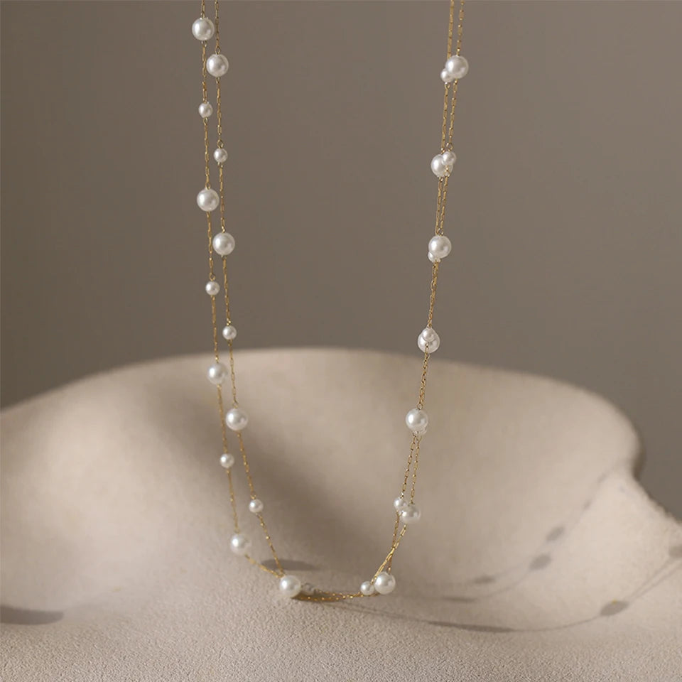 luckacco picks stainless steel temperament pearl chain choker necklace for women waterproof collar jewelry bijoux gift