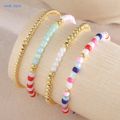 Luckacco MHS.SUN New Bohemian Gold Plated Metal Beaded Bracelets Colorful Rice Beads Bracelet Birthday Party Jewelry For Women Men
