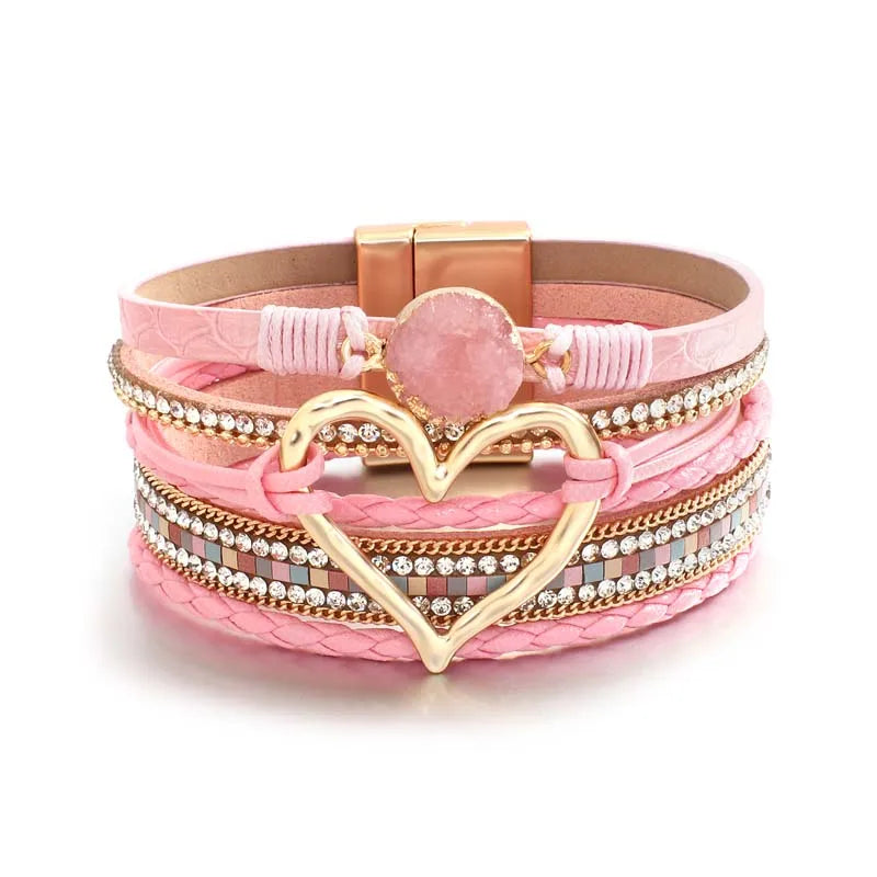 luckacco amorcome fashion braided leather wrap bracelets bangles multilayer resin stone hollow heart charm bracelets women gift pulseira