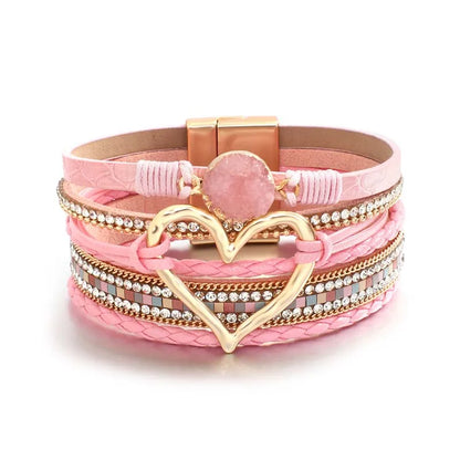Luckacco Amorcome Fashion Braided Leather Wrap Bracelets Bangles Multilayer Resin Stone Hollow Heart Charm Bracelets Women Gift Pulseira
