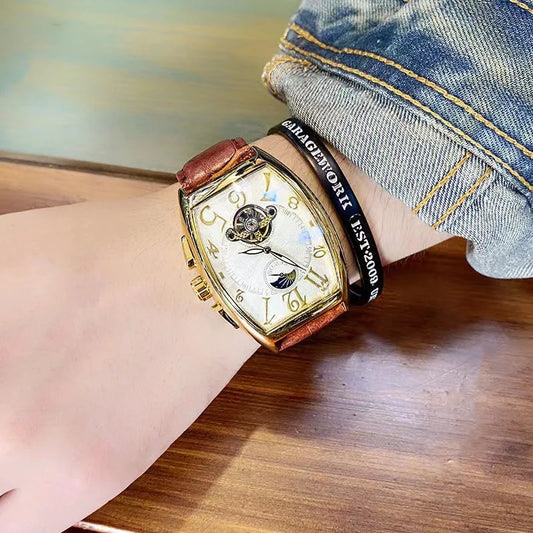 Luckacco Luxury Automatic Mechanical Watch for Men Sports Watches Tourbillon Skeleton Military Male Clock Cool Tonneau Man Wristwatch
