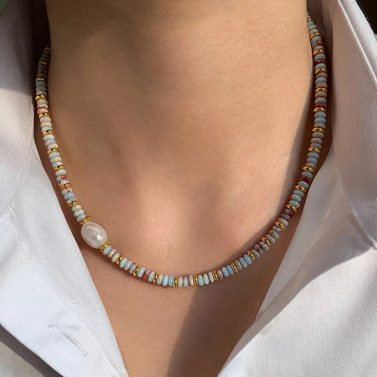 Luckacco 2024 New Trendy Natural Stone Freshwater Pearl Collar Chain Necklace Vintage Handmade Stylish Beads Jewelry Bijoux Gift