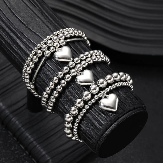 Luckacco 7Pcs/Set Chic Heart Charm Beaded Bracelet Set For Women Vintage Simple Silver Color Exquisite Multi-Layer Bracelets Jewelry Gift
