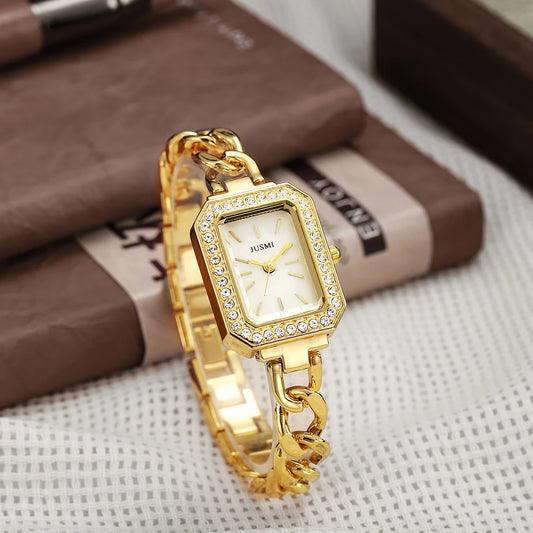 Luckacco Ladies' high-value fashion bar scale square dial buckle shaped steel strip inlaid with diamonds outer shell quartz watch