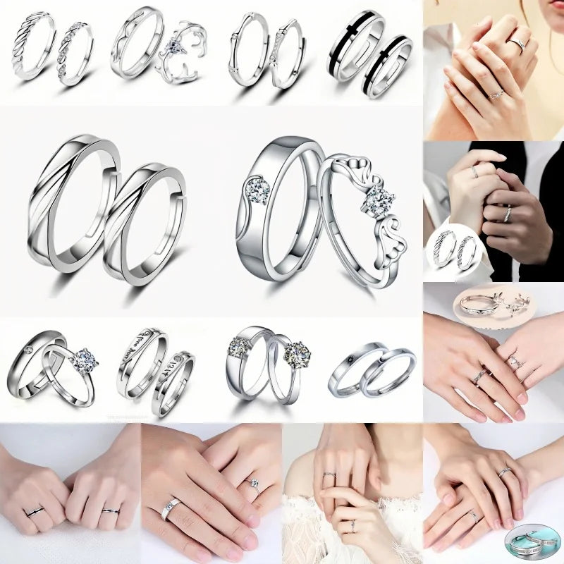 luckacco high-quality couple wedding ring for woman men 2pcs love heart zircon adjustable rings fashion stainless steel engaged jewelry