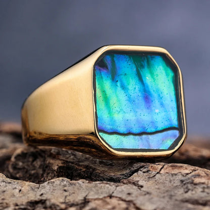 Luckacco Classic Gold Sliver Color Abalone Shells Finger Ring Men Punk Party Smooth Stainless Steel Rings Male Circular Wedding Ring Gift
