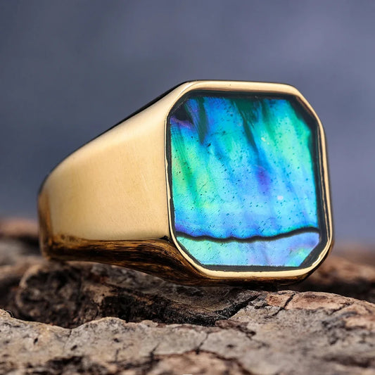 Luckacco Classic Gold Sliver Color Abalone Shells Finger Ring Men Punk Party Smooth Stainless Steel Rings Male Circular Wedding Ring Gift