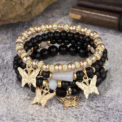 Luckacco 4Pcs Trendy Butterfly Beaded Bracelet Set For Women Pink Acrylic Beads Elastic Chain Bangle Female Bohemian Party Jewelry Gift