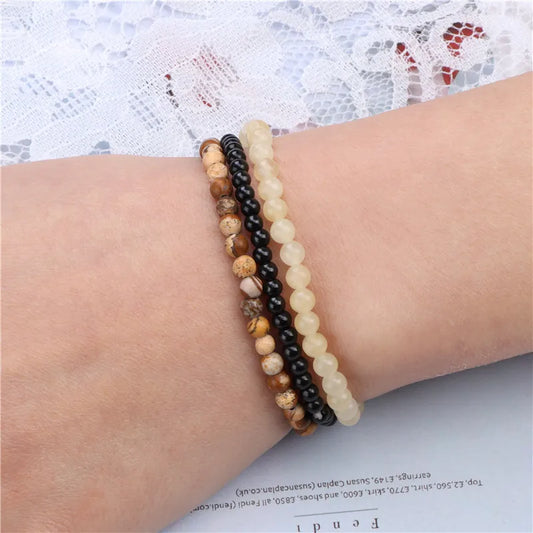 Luckacco 3pcs Amethysts Purple Agates Elastic Bracelets For Women Men Natural Stone Tiger Eye Black Onyx 4mm Beads Bracelet Set Jewelry