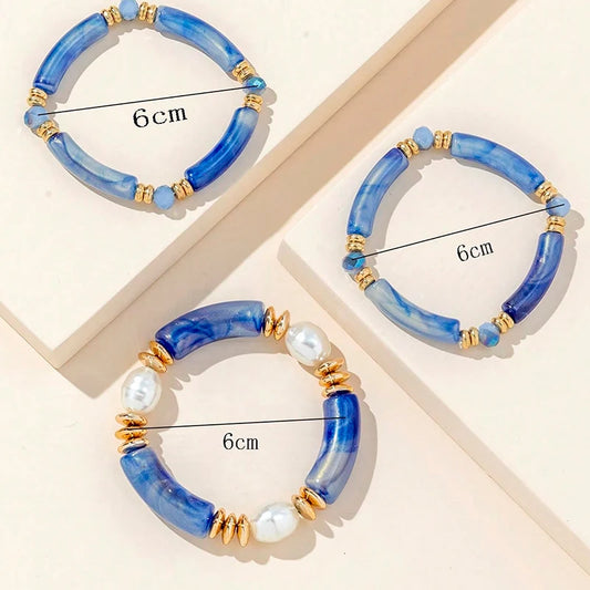 Luckacco 3PCS Set Vintage Design Resin Elastic Bracelet Blue Bamboo Gold Color Spacer Pearl Bracelet Pink Green Coffee Color Option