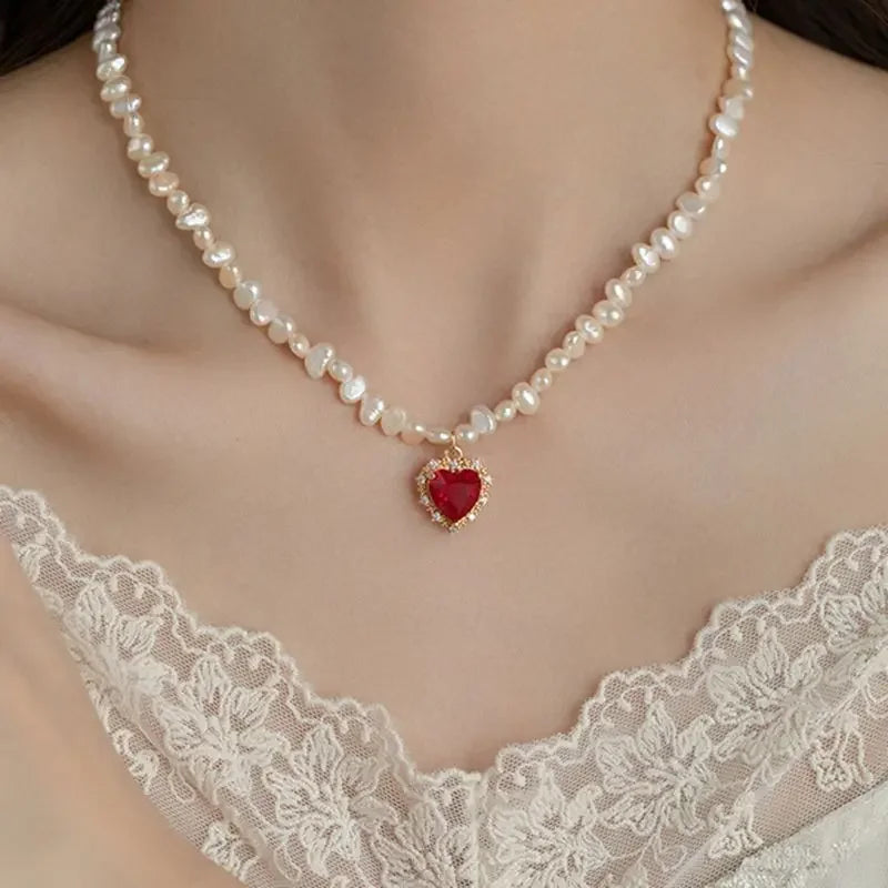 luckacco hot sale irregular freshwater pearl red cz zircon heart pendant necklaces for women 14k real gold plated copper choker