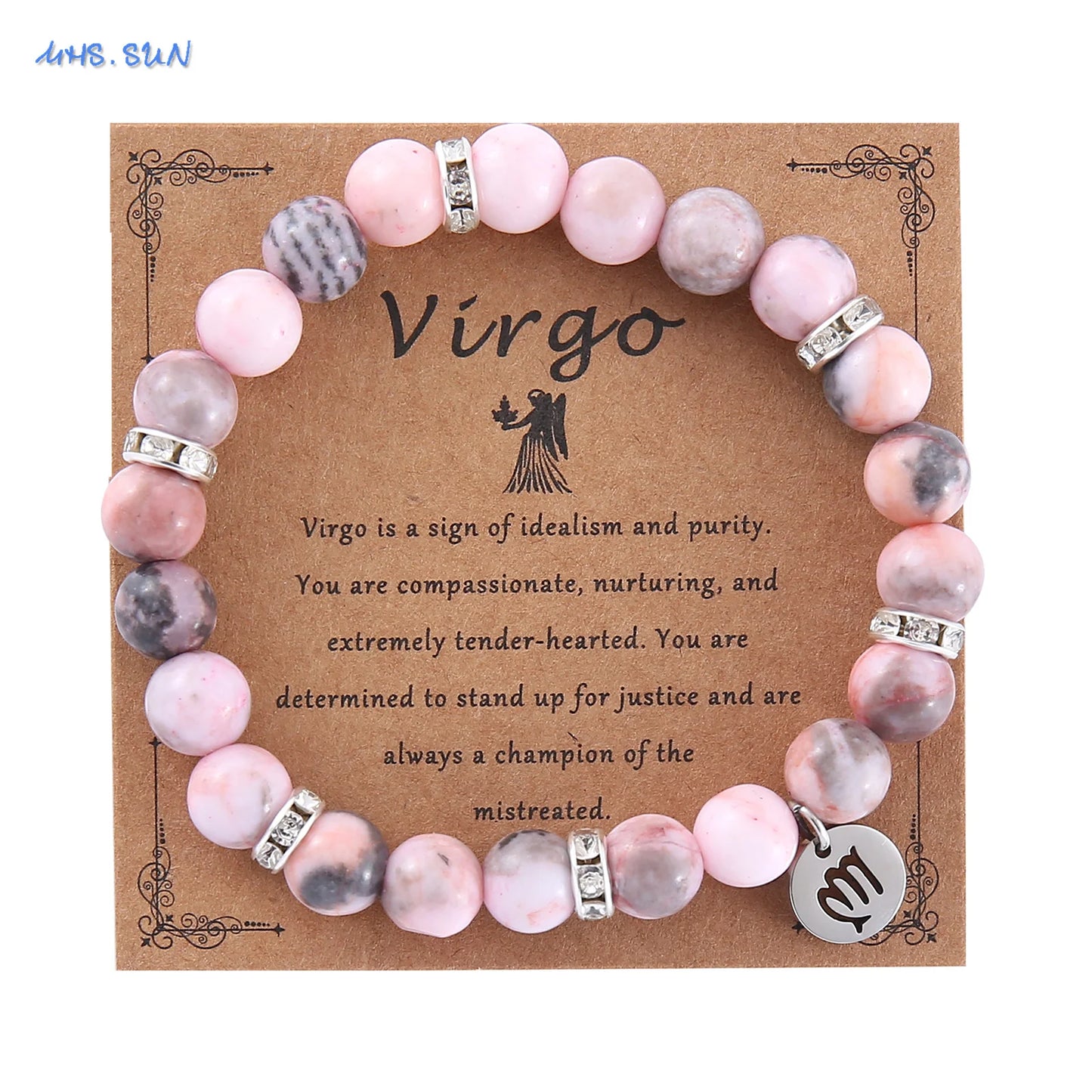 luckacco mhs.sun 12 star zodiac sign pink zebra stone beaded bracelets constellation fashion birthday party jewelry for women men