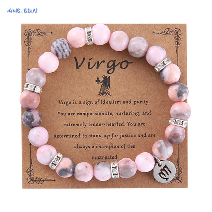 Luckacco MHS.SUN 12 Star Zodiac Sign Pink Zebra Stone Beaded Bracelets Constellation Fashion Birthday Party Jewelry For Women Men