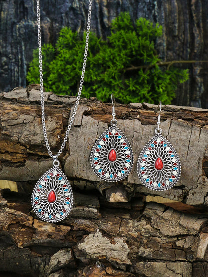 Luckacco Ethnic Feng Shui Droplet Hollow Colored Glazed Earrings for Women Bohemian Vacation Short Necklace Jewelry Set