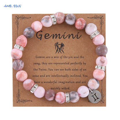 Luckacco MHS.SUN 12 Star Zodiac Sign Pink Zebra Stone Beaded Bracelets Constellation Fashion Birthday Party Jewelry For Women Men