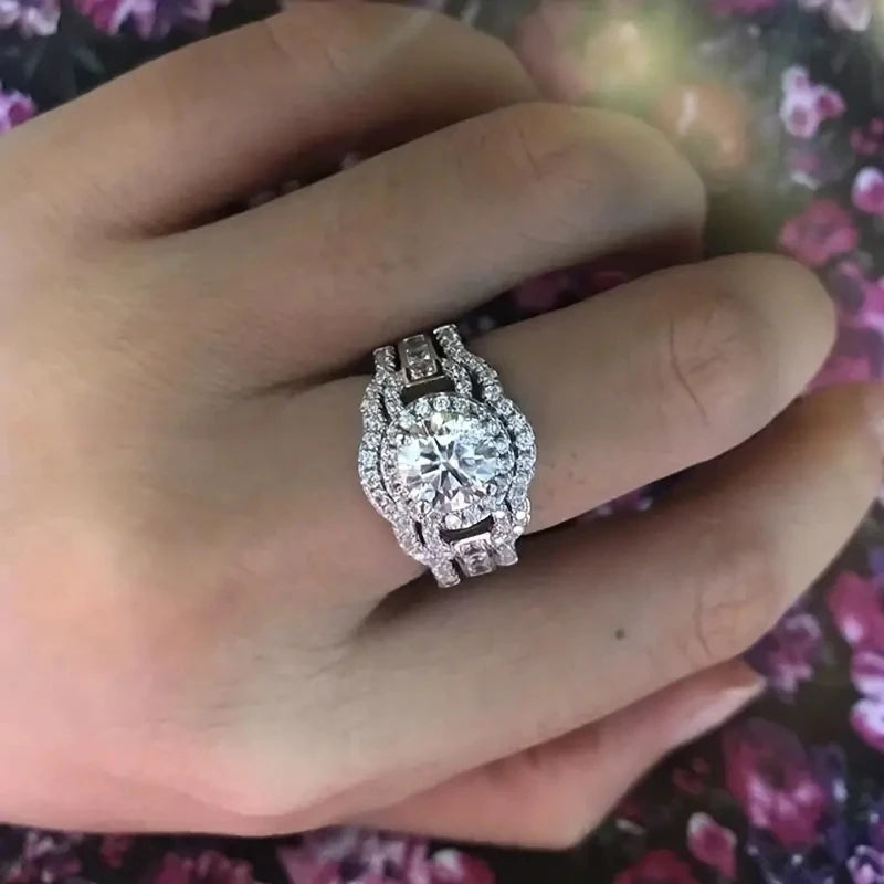 luckacco exquisite fashion silver color inlaid with white zircon engagement rings luxury elegant wedding rings set women jewelry