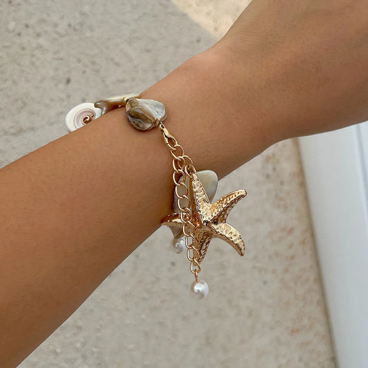 Luckacco Boho Shell Starfish Gold Color Pendant Necklace Women's 2024 Vintage  Pearl Imitation Sweet Girl Fashion Charm Beach Jewelry